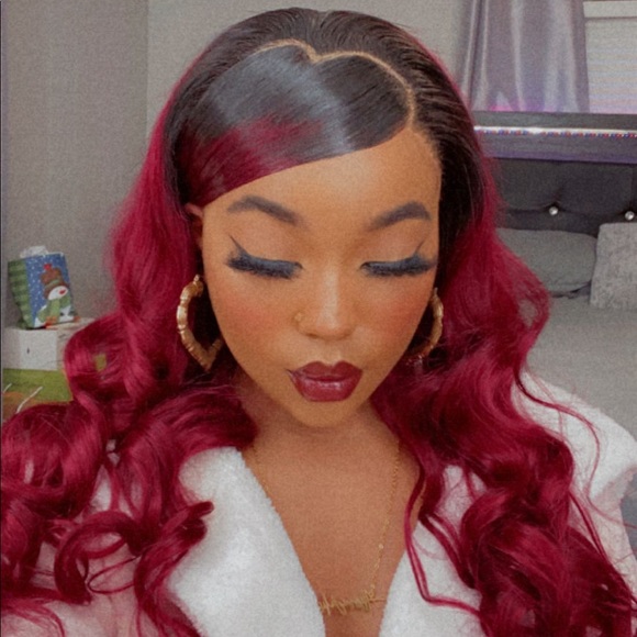 Burgundy Loose Wave 13x4 Lace Frontal Human Hair Wig w/ Black Roots - Picture 4 of 5